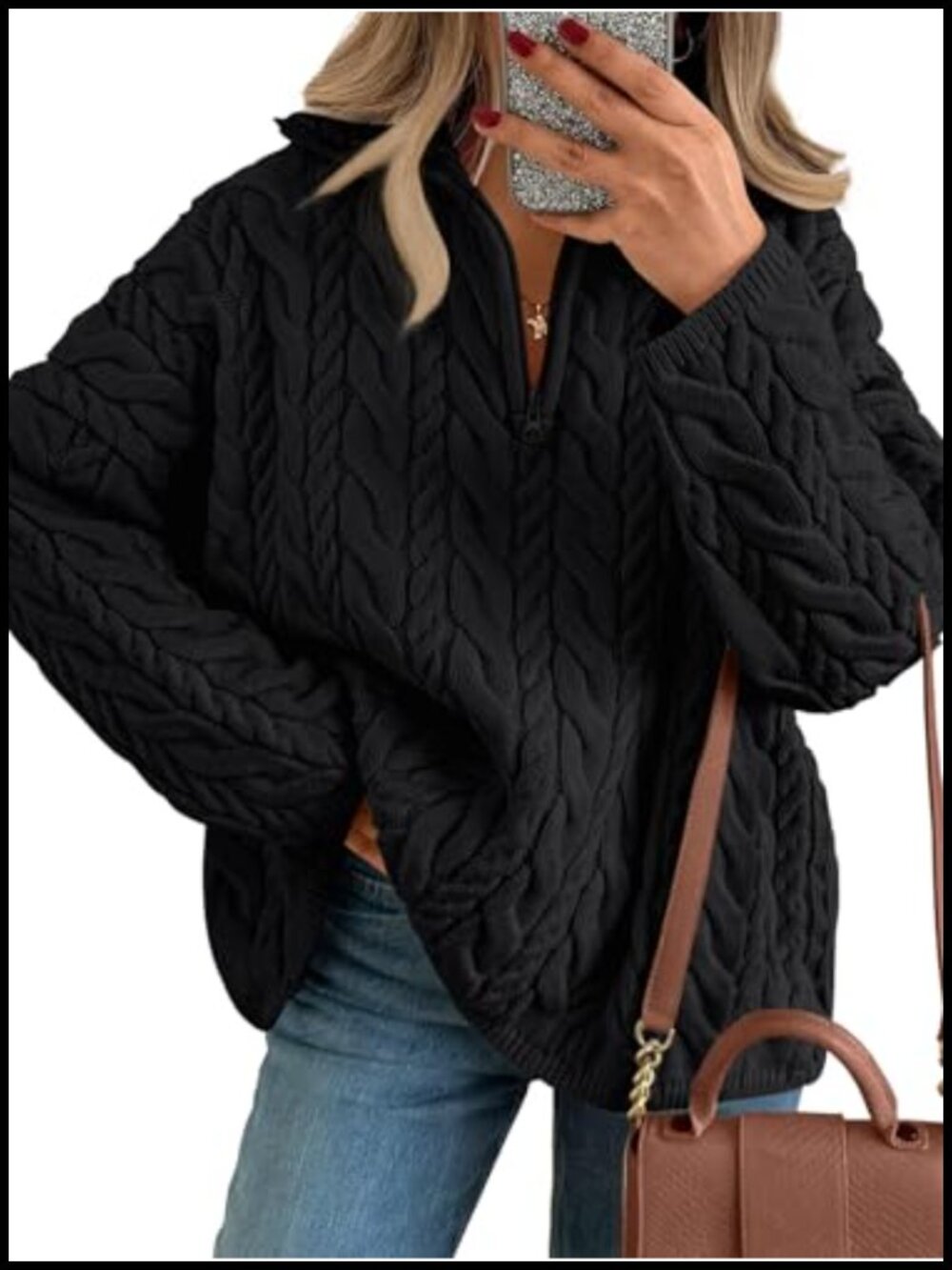 Women Oversized Chunky Cable Knit Quarter Zip Pullover Sweater 60% Cotton 40%